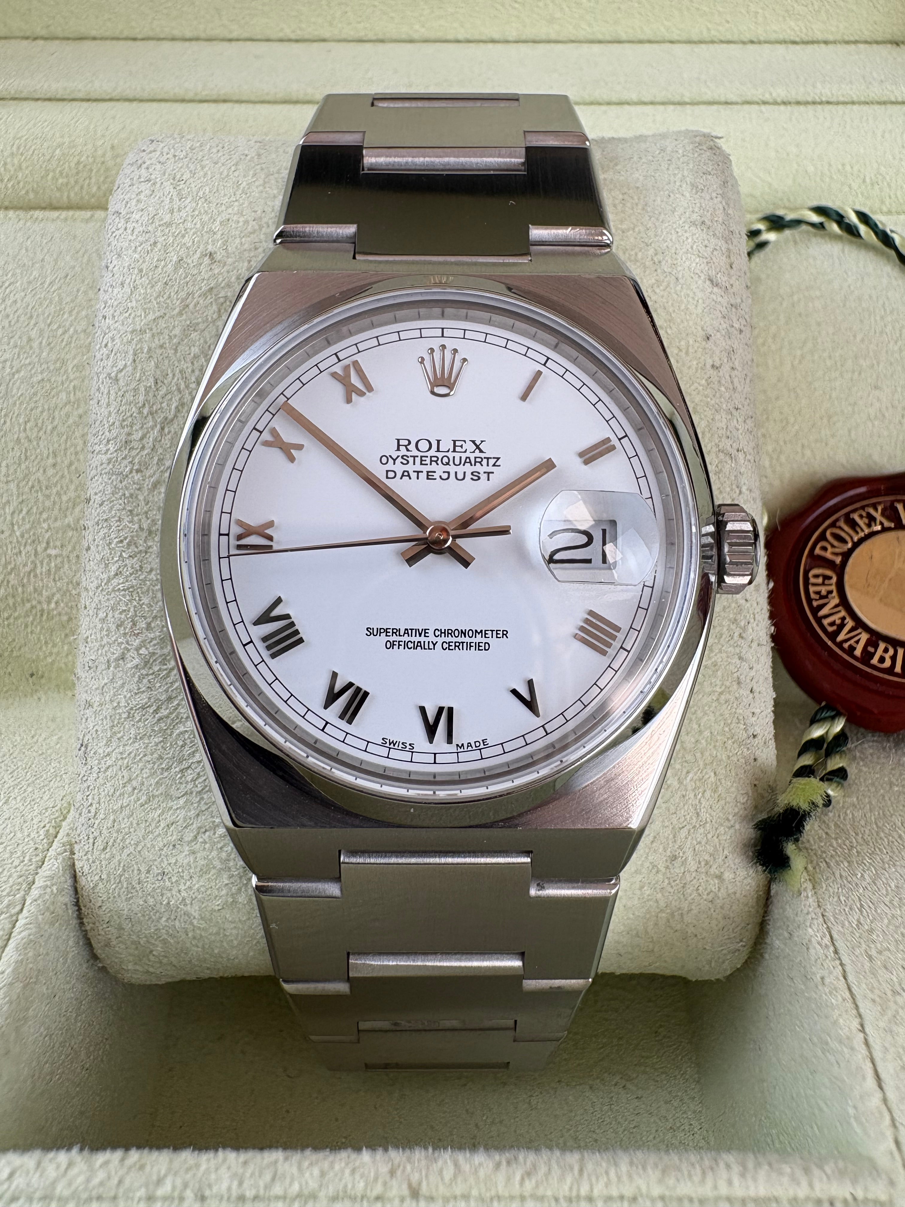 Rolex Oysterquartz Datejust 17000 White Roman Dial Box Rolex Service Card 36mm