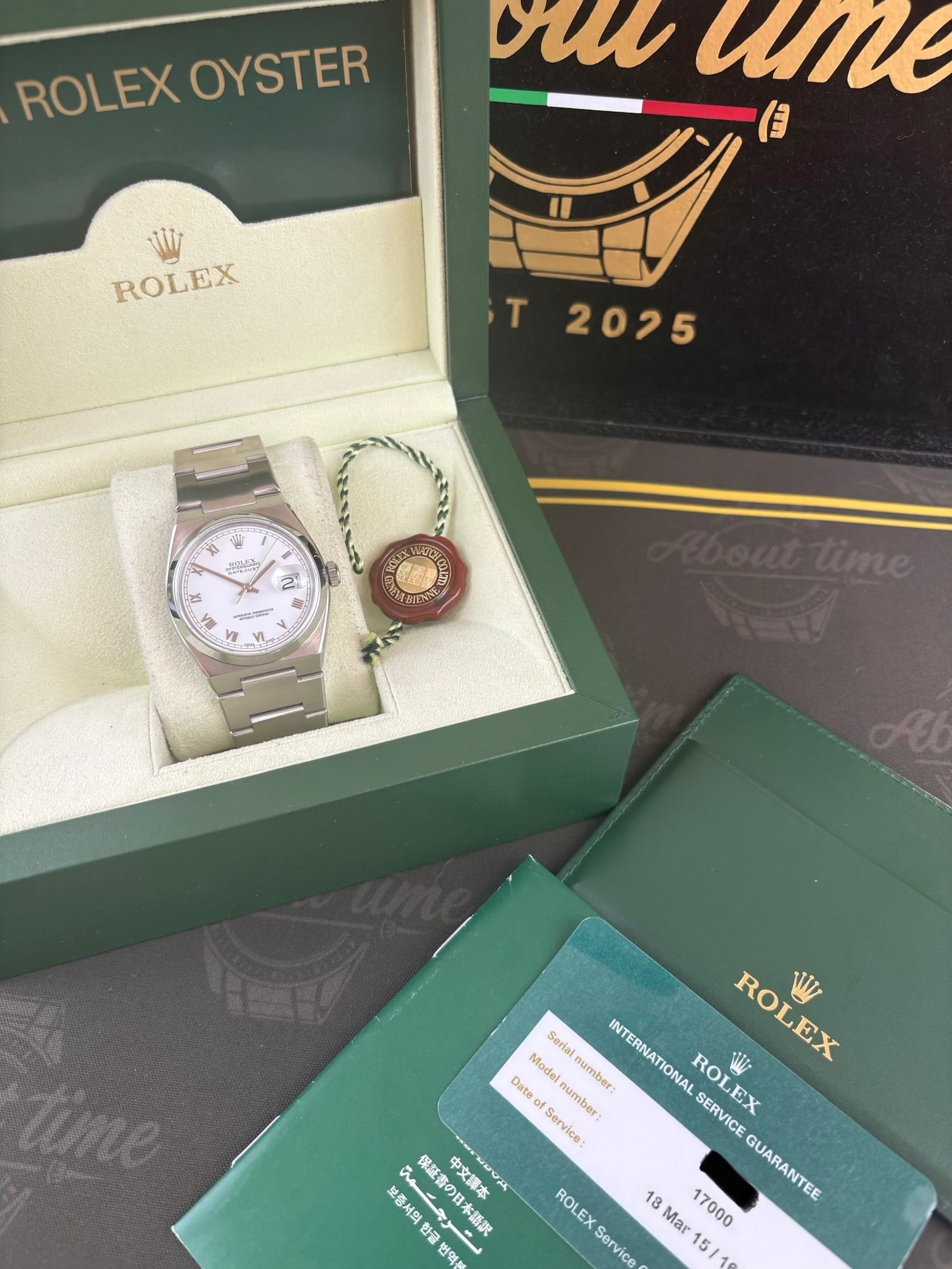 Rolex Oysterquartz Datejust 17000 White Roman Dial Box Rolex Service Card 36mm