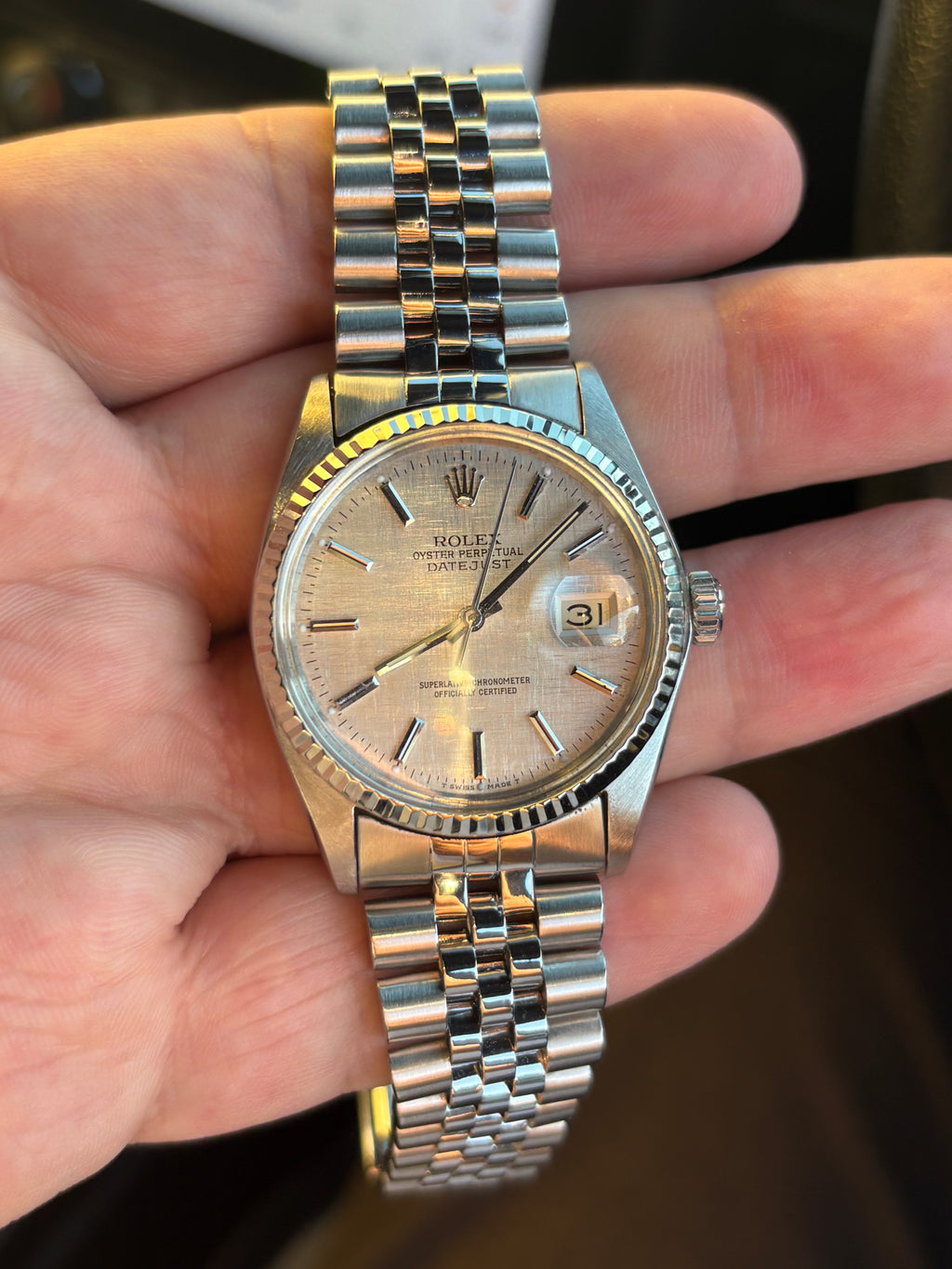 Rolex Datejust 16014 36mm Silver Linen Dial 18ct White Gold Bezel c.1982
